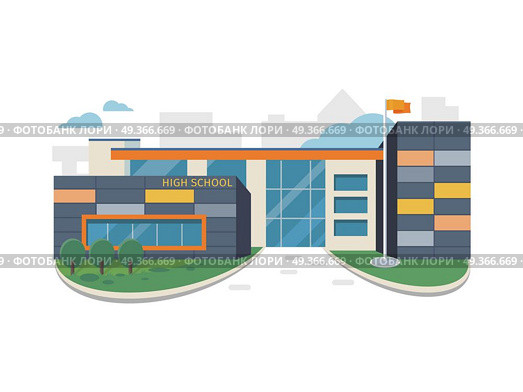 Best School Building Vector in Flat Style Design. Best school building vector illustration. Flat design. Public educational institution. Modern projects of educational establishments. School facade and yard. Front view. College organization. Стоковая иллюстрация, агентство Ingram Publishing / Фотобанк Лори