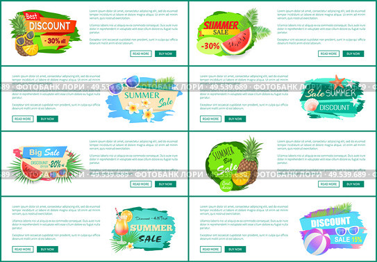 Best super discount banners set vector. Big promotion and summer offering, proposals of shops. Watermelon fruit and cocktail with straw, cool beverage. Best Super Discount Banners Vector Illustration. Стоковая иллюстрация, агентство Ingram Publishing / Фотобанк Лори