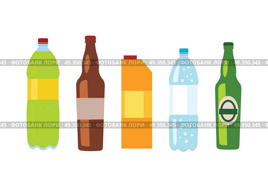 Beverages Banner. Set of Drinks in Bottles. Beverages isolated white. Set of drinks in bottles and packs. Healthy and junk drinks. Alcoholic and nonalcoholic beverages. Part of series of promotion healthy diet and good fit. Vector illustration. Стоковая иллюстрация, агентство Ingram Publishing / Фотобанк Лори