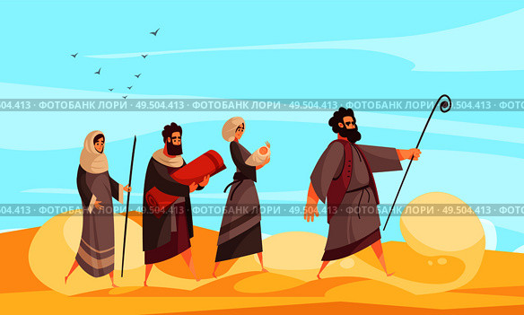 Bible narratives composition with desert scenery and character of moses leading people the way through sands vector illustration. Стоковая иллюстрация, агентство Ingram Publishing / Фотобанк Лори