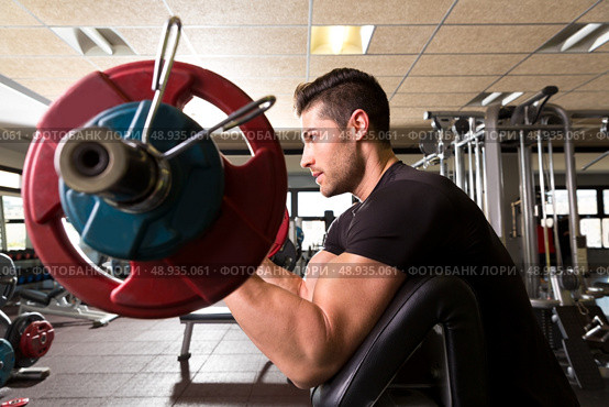 biceps preacher bench arm curl workout man at fitness gym. Стоковое фото, агентство Ingram Publishing / Фотобанк Лори