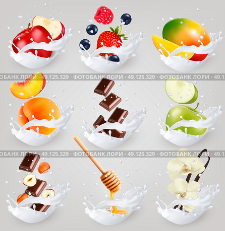 Big collection icons of fruit in a milk splash. Raspberry, strawberry, mango, vanilla, peach, apple, honey, nuts, chocolate Vector Set 3. Стоковая иллюстрация, агентство Ingram Publishing / Фотобанк Лори