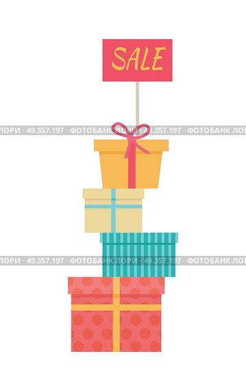 Big Pile of Wrapped Gift Boxes Vector Sale Concept. Sale concept. Big pile of colorful wrapped gift boxes. Mountain gifts sale. Beautiful present box with overwhelming bow. Gift box icons, symbols. Christmas sale. Isolated vector illustration. Стоковая иллюстрация, агентство Ingram Publishing / Фотобанк Лори