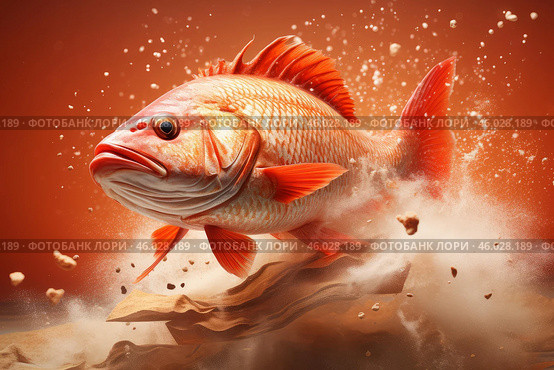 Big red snapper fish jumping out of sand dust cloud. Стоковое AI-изображение, AI-художник Иван Рябоконь / Фотобанк Лори