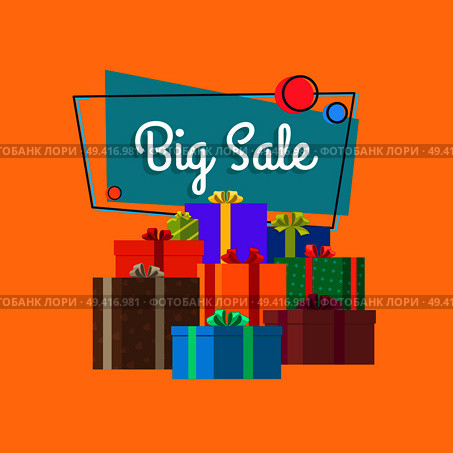 Big sale inscription in square bubble with piles of presents and gift boxes vector illustration isolated on orange background. Best offer discounts. Big Sale Inscription in Square Bubble and Presents. Стоковая иллюстрация, агентство Ingram Publishing / Фотобанк Лори