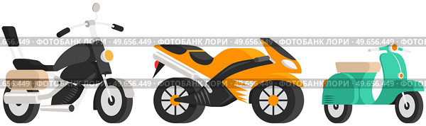 Bike and motorbike flat vector illustration set. Motorized transport on two wheels. Motorcycle and scooter, bike and moped. Motocross and delivery retro and modern vehicles side view vector icons. Bike and motorbike flat vector transport set. Motorcycle and scooter, bike and moped, motor bicycle. Стоковая иллюстрация, агентство Ingram Publishing / Фотобанк Лори