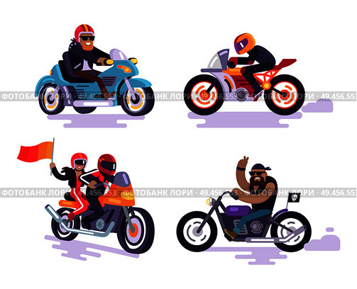 Bikers ride on modern motorbikes, collection of motorized bike racers men and woman isolated on white background, people on moped sportbikes vector. Bikers Ride Modern Motorbikes, Set Motorized Bikes. Стоковая иллюстрация, агентство Ingram Publishing / Фотобанк Лори