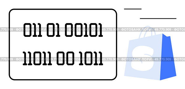 Binary code sequence in black on a white background with a blue and white shopping bag to the right. Ideal for technology, shopping, coding, e-commerce, and digital marketing themes. Simple flat. Binary Code on Shopping Bag Background with Light Design Elements. Стоковая иллюстрация, агентство Ingram Publishing / Фотобанк Лори