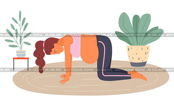 Birth position for painless childbirth labor, pregnant woman standing at knees on floor during painful birth pains, female with belly, comfortable posture for birthing, supported exercise, gymnastics. Birth position for childbirth labor, pregnant woman standing at knees during painful birth pains. Стоковая иллюстрация, агентство Ingram Publishing / Фотобанк Лори