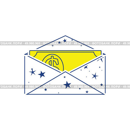 Birthday gift envelop icon with money  . Thin line design. Vector illustration. Стоковое фото, агентство Ingram Publishing / Фотобанк Лори