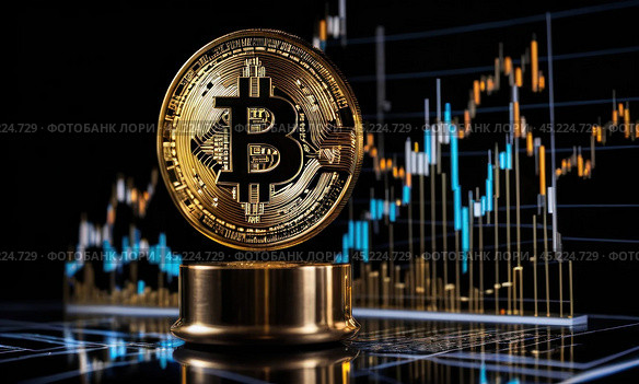 Bitcoin to the moon, bullish BTC, investment in BTC cryptocurrency increases high value, abstract, gold medal floating, candlestick graphs and bright green arrows on the back, AI. Стоковое AI-изображение, AI-художник Sergey Grishin / Фотобанк Лори
