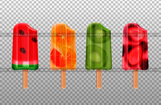 Bitten fruit popsicles ice cream realistic set of isolated fruity icecream stick images on transparent background vector illustration. Стоковая иллюстрация, агентство Ingram Publishing / Фотобанк Лори
