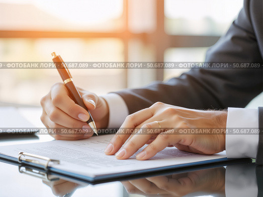Бизнесмен подписывает документы на рабочем столе / A businessman signs documents on his desktop. Стоковое AI-изображение, AI-художник Валерий Лукин / Фотобанк Лори