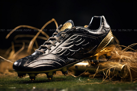 Black and gold soccer cleat resting on artificial turf. Стоковое AI-изображение, AI-художник Иван Рябоконь / Фотобанк Лори