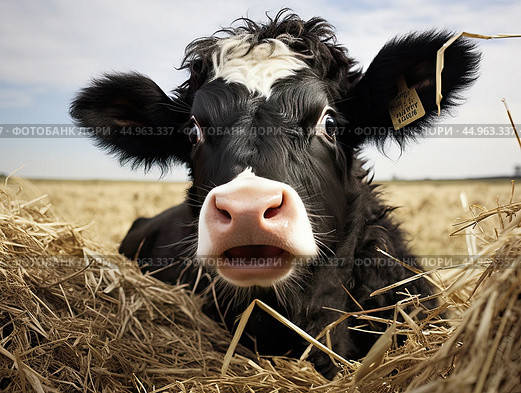 Black and White Cow Laying on Top of a Pile of Hay. Стоковое AI-изображение, AI-художник Ярославский Максим / Фотобанк Лори