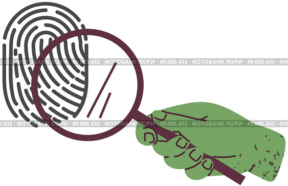 Black and white finger print with search loupe. Office stationery in human hand. Magnifying glass or lens to look at investigation evidence. Person with loupe looking at fingerprint, evidence. Magnifying glass or lens to look at investigation evidence. Person with loupe looking at fingerprint. Стоковая иллюстрация, агентство Ingram Publishing / Фотобанк Лори