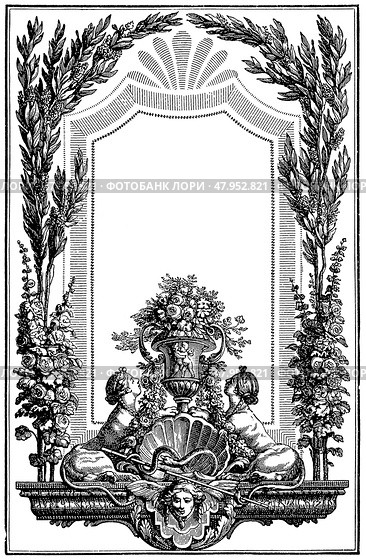 Black and white French title page by Clement Pierre Marillier (1776), Rococo style vintage book illustration. Publication of the "Meyers encyclopedia", Vol. 6, Leipzig, Germany, 1910. Стоковая иллюстрация, иллюстратор Sergey Kohl / Фотобанк Лори