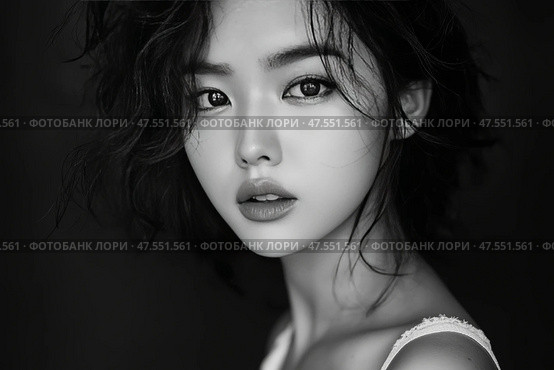 Black and white portrait of a Korean young woman with curly hair. Черно-белый портрет молодой кореянки с вьющимися волосами. Стоковое AI-изображение, AI-художник Katsiaryna Repich / Фотобанк Лори