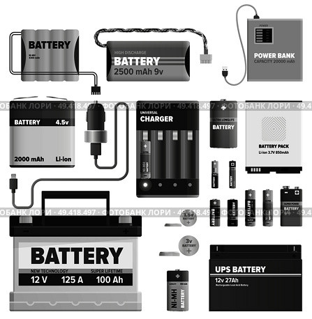 Black and white powerful batteries isolated on white background. Electric appliances to recharge energy for longer usage or make devices run vector illustration. Power containers to restore devices.. Black and White Powerful Batteries Collection. Стоковая иллюстрация, агентство Ingram Publishing / Фотобанк Лори