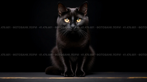 Black beautiful cute cat on a dark background on the day of Black Friday. Стоковое AI-изображение, AI-художник ALLA YURTAYEVA / Фотобанк Лори