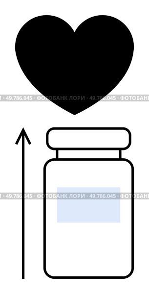 Black heart above a medicine bottle with an upward arrow representing health improvement growth love, healing, wellness, care, support. Ideal for health, wellness, pharmacy themes. Line metaphor. Heart Above Medicine Bottle with Arrow Suggesting Growth or Enhancement of Wellness. Стоковая иллюстрация, агентство Ingram Publishing / Фотобанк Лори
