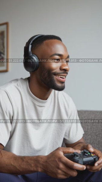 Black male gamer wearing headset, concentrating intensely while controlling game, sitting relaxed on home couch, immersed in digital entertainment experience. Стоковое AI-видео, аниматор Юрий Поздников / Фотобанк Лори