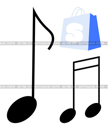Black musical notes with a blue shopping bag. Ideal for music, shopping, entertainment, online shopping, consumerism. Simple graphic style emphasizes the main elements effectively. Musical Symbols and Shopping Bag Illustration in a Simple Graphic Style. Стоковая иллюстрация, агентство Ingram Publishing / Фотобанк Лори