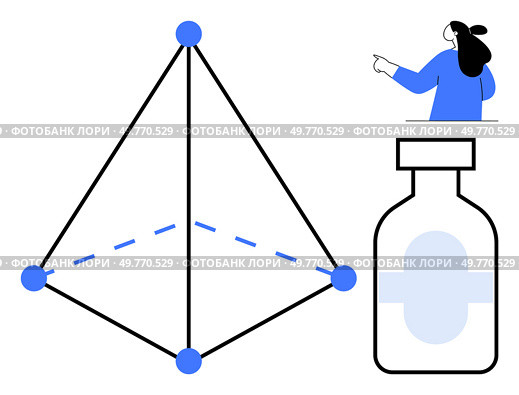 Black pyramid with blue nodes and dashed base line, woman in blue pointing on white background, and a medical bottle. Ideal for science, medicine, education, geometry, health. Geometric Pyramid Structure and Medical Bottle with Person Pointing. Стоковая иллюстрация, агентство Ingram Publishing / Фотобанк Лори
