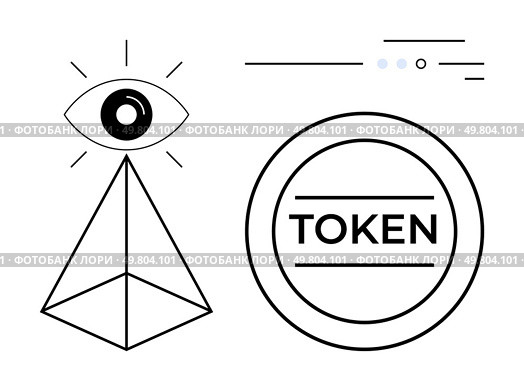 Black pyramid with elevated eye, Token inside circular emblem, small lines and dots. Ideal for blockchain, security, cryptocurrency, digital identification, futuristic design, cyber technology. Abstract Pyramid with Elevated Eye and Token Icon Representing Digital Security and Insight. Стоковая иллюстрация, агентство Ingram Publishing / Фотобанк Лори