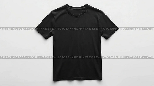 Black short sleeve shirt displayed on a plain background for clothing showcase. Черная майка с коротким рукавом на однотонном фоне для демонстрации одежды. Стоковое AI-изображение, AI-художник Katsiaryna Repich / Фотобанк Лори
