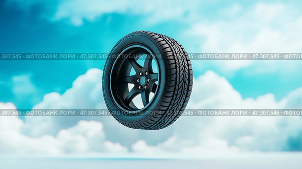 Black tire soaring against a bright blue sky with fluffy clouds. Черная шина парит на фоне ярко-голубого неба с пушистыми облаками. Стоковое AI-изображение, AI-художник Katsiaryna Repich / Фотобанк Лори