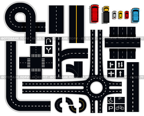 Black white traffic roads intersections elements top view with signboards and colorful vehicles icons set vector illustration . Traffic Roads Top View Set. Стоковая иллюстрация, агентство Ingram Publishing / Фотобанк Лори