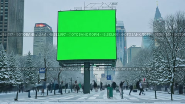 Blank advertising billboard with isolated green screen. Digital display marketing green background. Mock Up chroma key backdrop. Large Street Billboard on the modern building. Daytime. Traffic, crowd. Стоковое AI-видео, аниматор Марина Демидюк / Фотобанк Лори