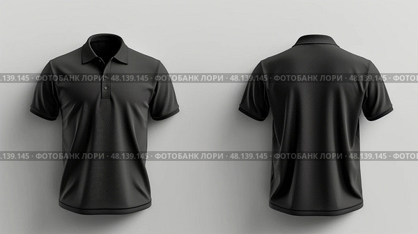 Blank black polo shirt mockup, front and back view.  черная рубашка-поло, вид спереди и сзади. Стоковое AI-изображение, AI-художник Katsiaryna Repich / Фотобанк Лори