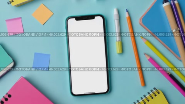 Blank display smartphone mock up and school stationery. Template of white screen mobile phone isolated on a pink trendy office workplace. Online education, elearning app, remote classes application. Стоковое AI-видео, аниматор Марина Демидюк / Фотобанк Лори