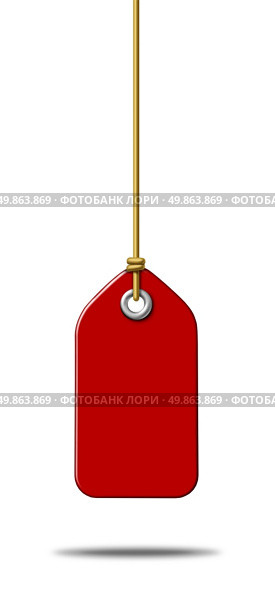 Blank red price tag label with a hanging string tied to the paper as a commercial symbol of marketing and advertising a sale or discount on merchandise or services that are on special in a liquidation at a store. Стоковое фото, агентство Ingram Publishing / Фотобанк Лори
