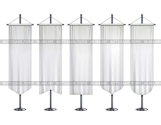 Blank white long mock up pennants flags  banners hanging on pole stand support realistic set vector illustration. Стоковая иллюстрация, агентство Ingram Publishing / Фотобанк Лори