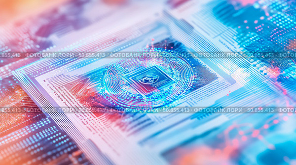 Blockchain Security Concept: Encrypted Digital Ledger with Eye Symbol for High-Tech Trust and Protection. Стоковое AI-изображение, AI-художник Данила Большаков / Фотобанк Лори