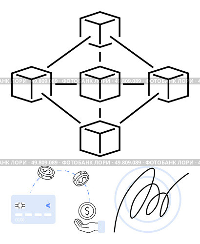 Blocks connected in a network structure, digital transactions using currency symbols and credit card, signature verification. Ideal for blockchain, cryptocurrency, security, finance, innovation. Decentralized Blockchain Network with Digital Transactions and Secure Authentication Elements. Стоковая иллюстрация, агентство Ingram Publishing / Фотобанк Лори