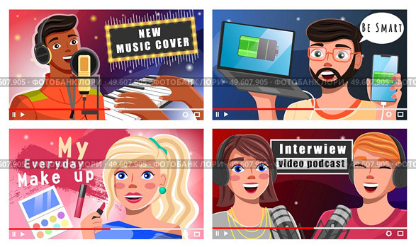 Bloggers telling about new music cover, modern technology devices, everyday makeup, interview podcast, content creators shooting video for social network, internet, collection of video players. Bloggers tell about new music cover, modern technology devices, everyday makeup, interview podcast. Стоковая иллюстрация, агентство Ingram Publishing / Фотобанк Лори