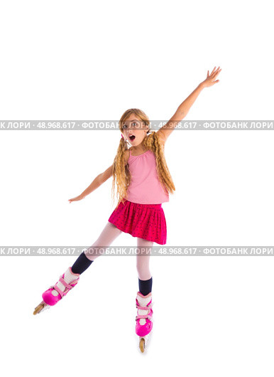 blond pigtails roller skate girl full length dancing balance on white background. Стоковое фото, агентство Ingram Publishing / Фотобанк Лори