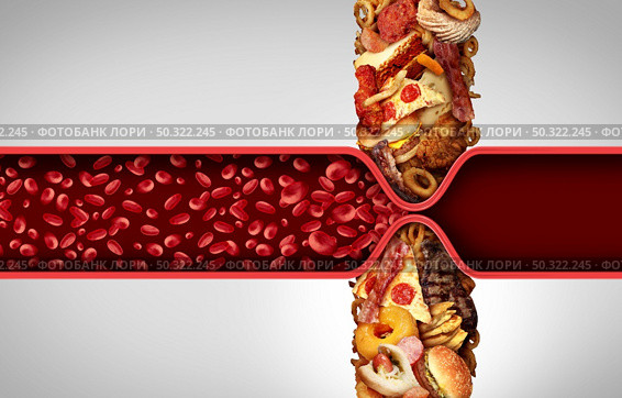 Blood circulation and cholesterol as fatty food causing a clogged artery or human vein as greasy fast food narrowing of arteries blocking blood flow to the human heart and organs with 3D illustration elements. Стоковое фото, агентство Ingram Publishing / Фотобанк Лори