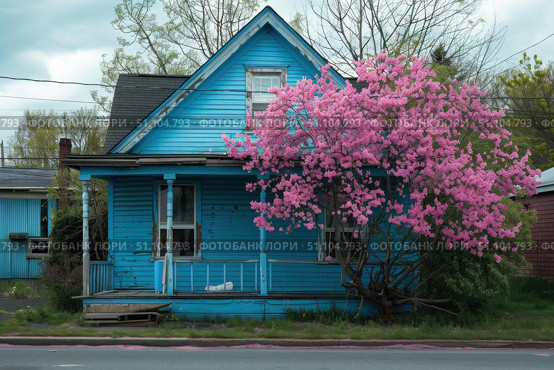 Blooming pink azalea bush stands in front of an old turquoise house. Стоковое AI-изображение, AI-художник Иван Рябоконь / Фотобанк Лори