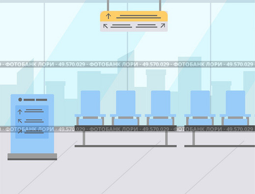 Blue airport seats in waiting area and wayfinding signage flat design. Panoramic windows view. Hall departure lounge modern terminal concept. Vector illustration in flat cartoon style. Airport Seats in Waiting Area, Wayfinding Sign. Стоковая иллюстрация, агентство Ingram Publishing / Фотобанк Лори