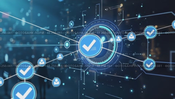 Blue and white check mark is displayed on a computer screen. Стоковое AI-видео, аниматор Sergey Grishin / Фотобанк Лори