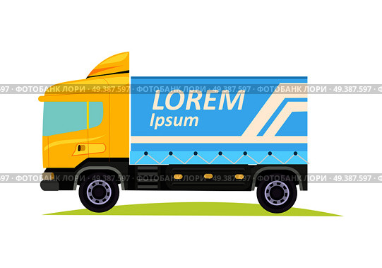 Blue and yellow large truck with emblem of firm on white background vector illustration. It is a motor vehicle designed to transport cargo. Lorry has wheels, cabin window and door, tyres semitrailer. Blue Large Truck with Emblem on White Background. Стоковая иллюстрация, агентство Ingram Publishing / Фотобанк Лори