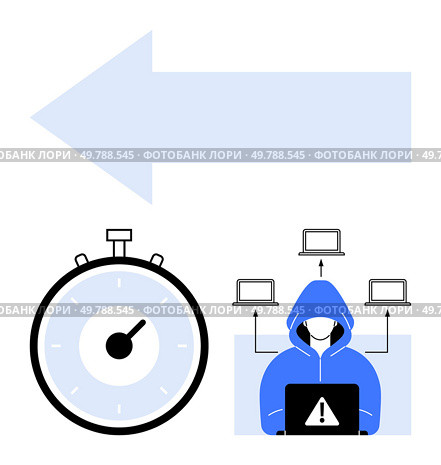 Blue arrow stopwatch hacker in blue hoodie with laptop and four connected computers. Ideal for cybersecurity, hacking, digital threats, time management, urgency, IT security, cybercrime. Line. Cybersecurity Threats Represented by Hacker and Time Constraints with Directional Arrow. Стоковая иллюстрация, агентство Ingram Publishing / Фотобанк Лори