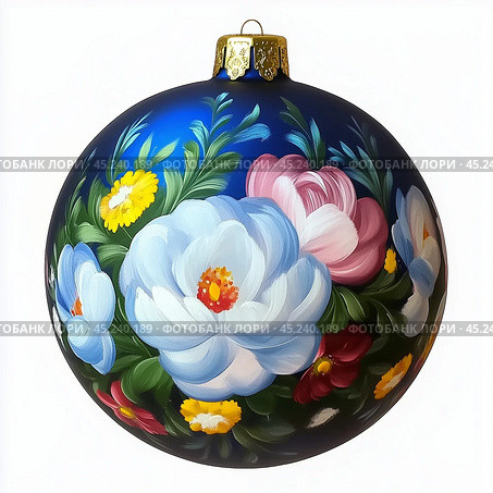 Blue Christmas ball with flowers highlighted on a white background, hand-painted. Стоковое AI-изображение, AI-художник Елена Зубкова / Фотобанк Лори
