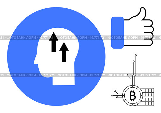 Blue circle with head improving, thumbs up suggesting approval, Bitcoin coin. Ideal for technology, cryptocurrency, blockchain, positive thinking, digital business. Minimalist, modern, clean. Concepts of Cryptocurrency, Digital Business, and Positive Mindset. Стоковая иллюстрация, агентство Ingram Publishing / Фотобанк Лори