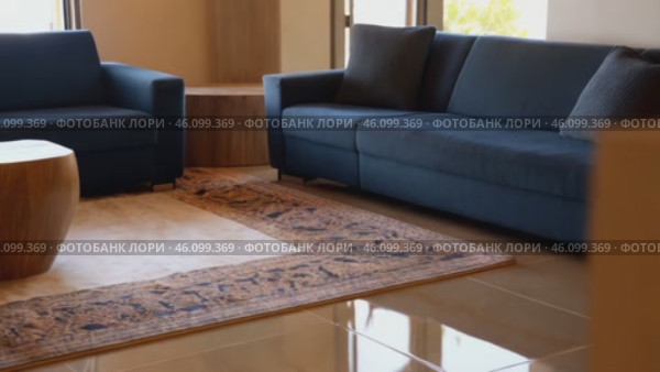 Blue couch sits in a living room with a rug underneath it. Стоковое AI-видео, аниматор Sergey Grishin / Фотобанк Лори